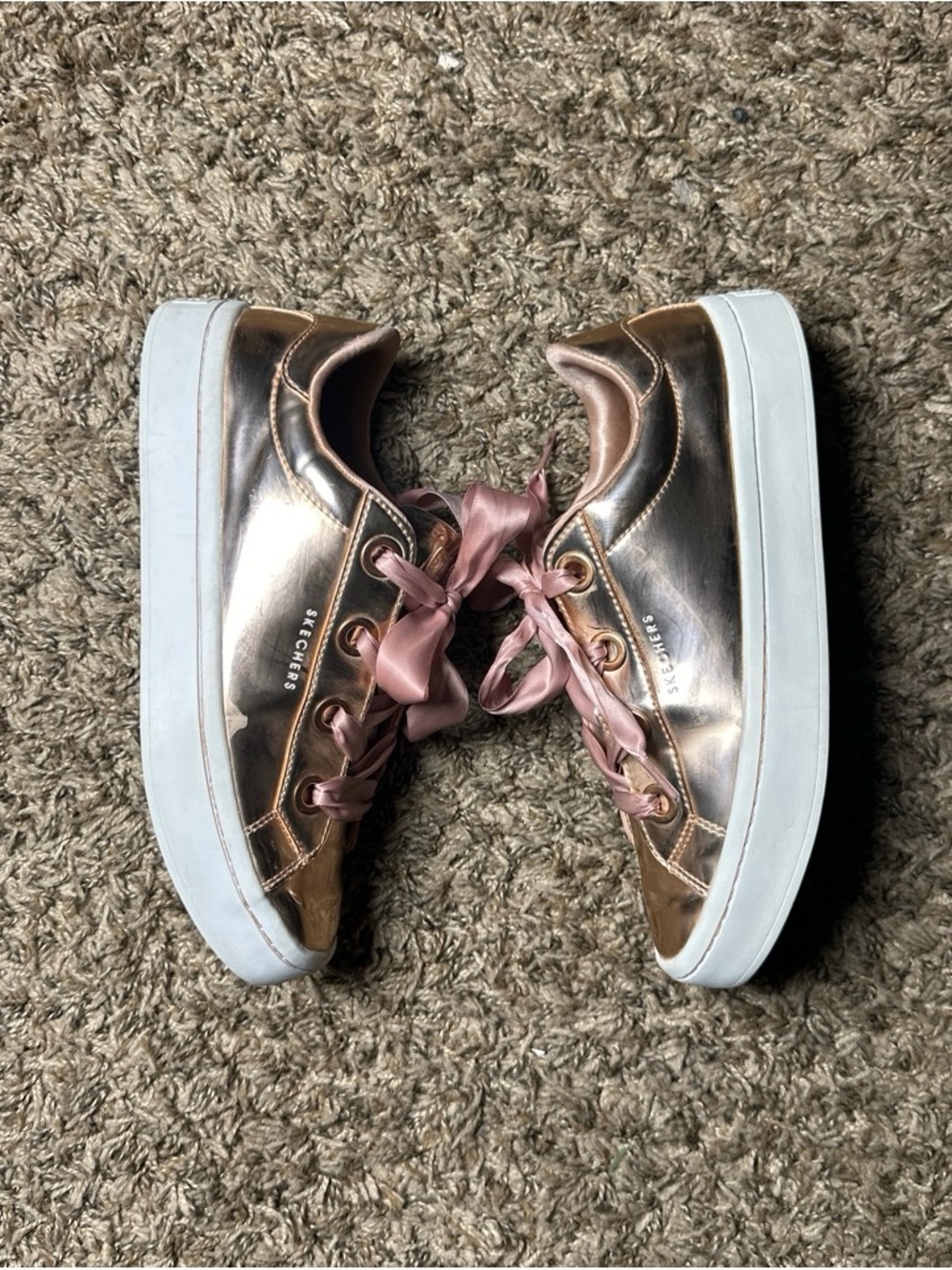 Skechers Metallic Rose Gold Platform Sneakers with Pink Satin Laces